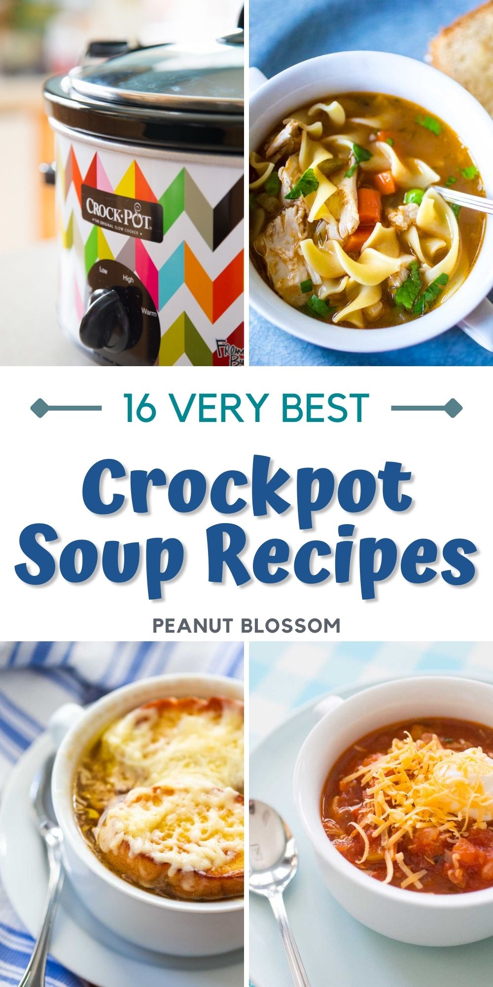 A Crockpot next to 3 pictures of soup.