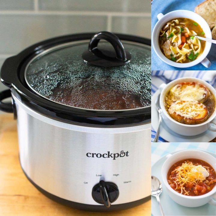 A Crockpot next to 3 photos of soup.