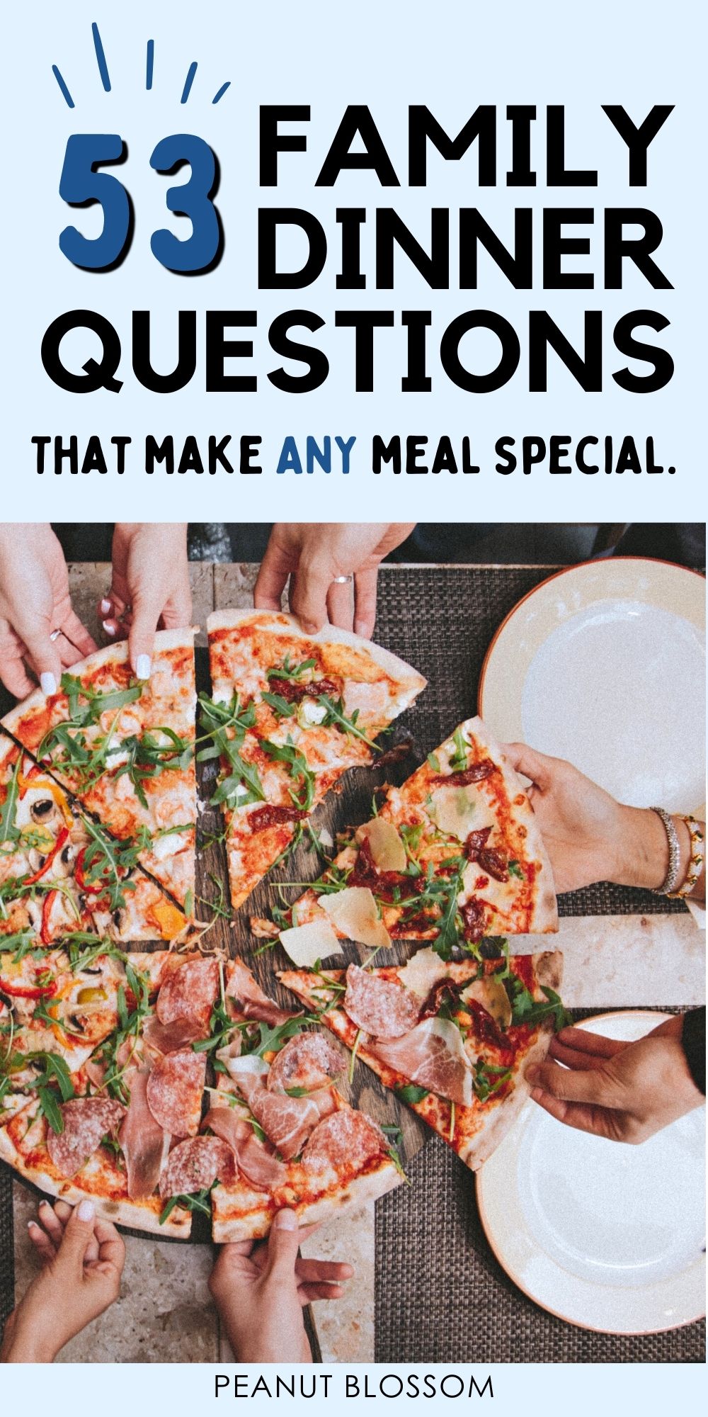 Text reads: "53 Family Dinner Questions: that make ANY meal special"  Collage includes a photo of hands grabbing pizza slices at the family dinner table.
