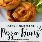 A plate of pizza buns next to a photo of the buns rising on a baking sheet.