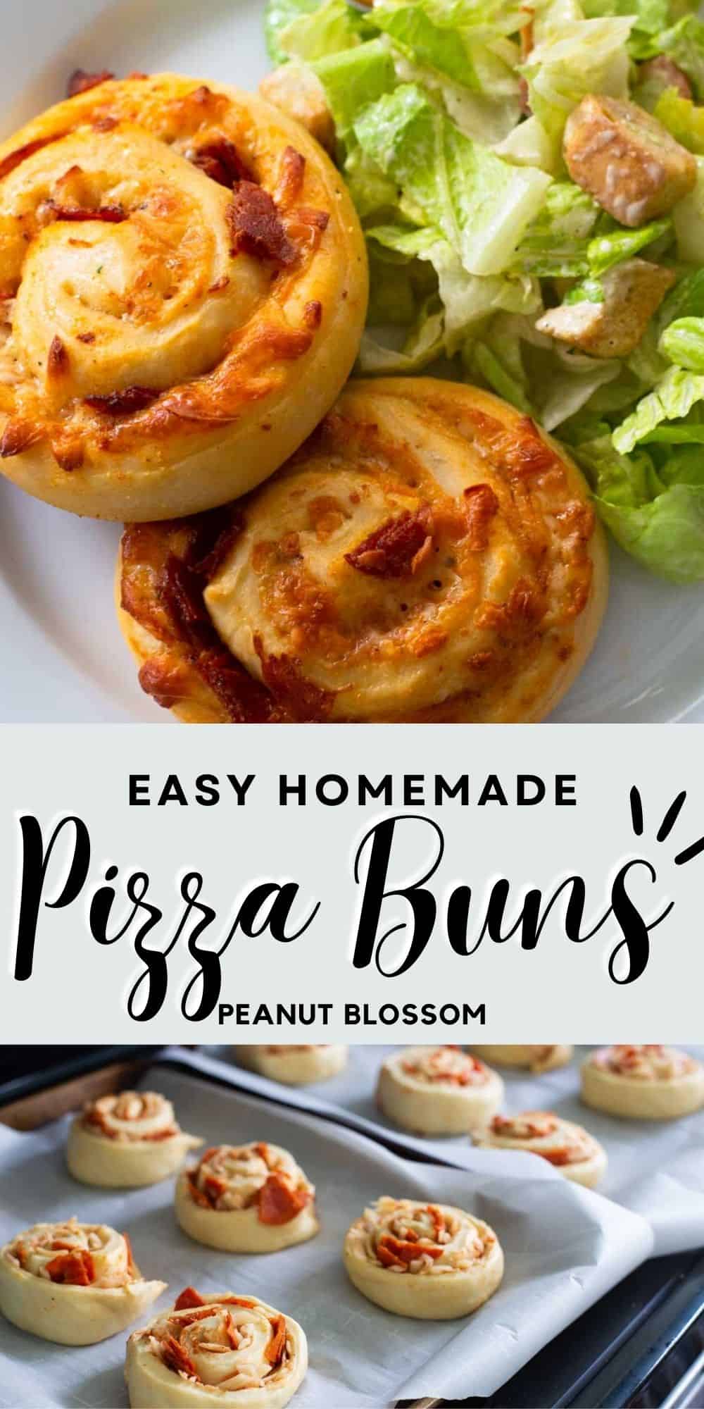 A plate of pizza buns next to a photo of the buns rising on a baking sheet.