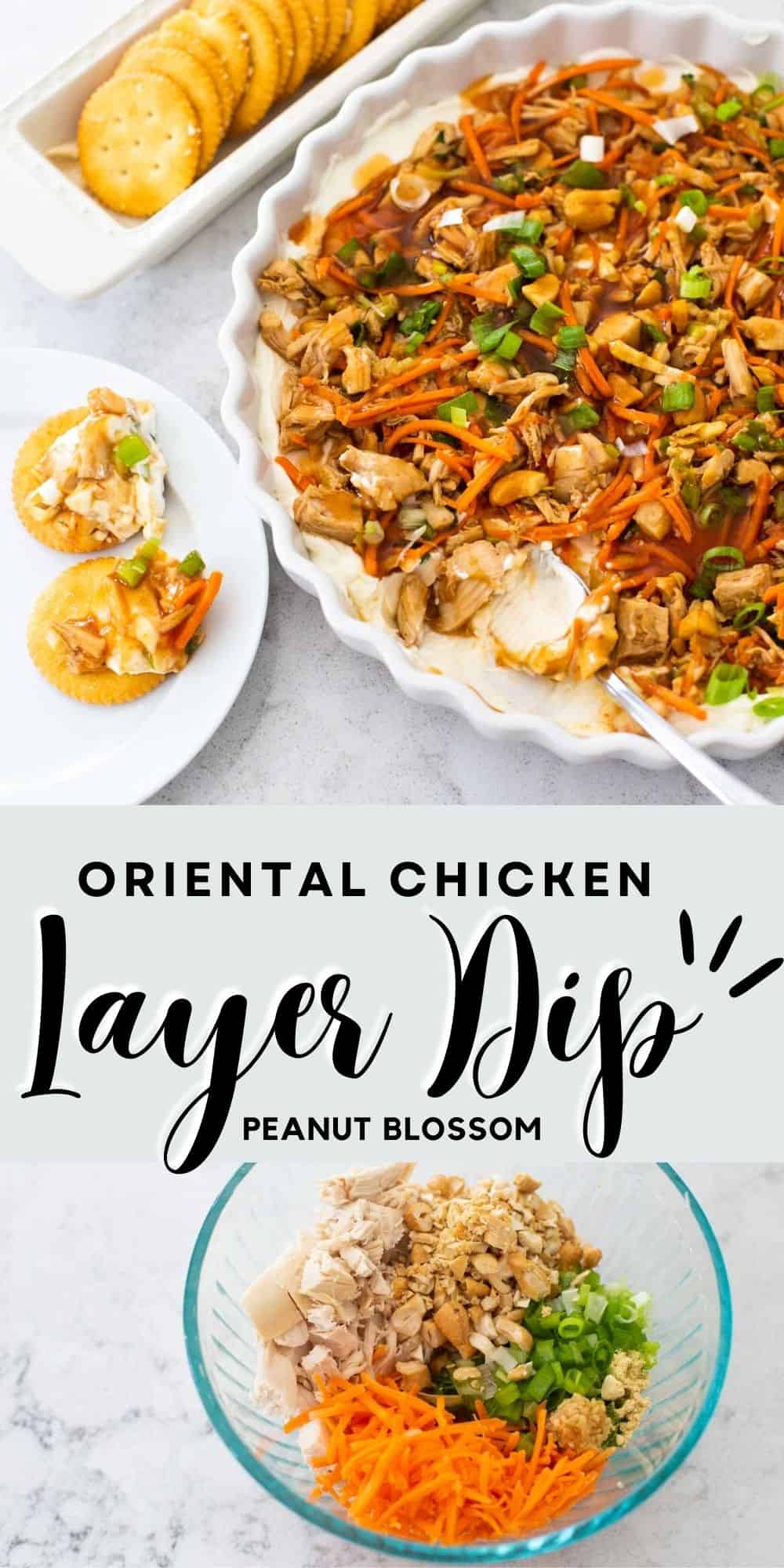 A plate of layered Asian dip is served next to butter crackers.