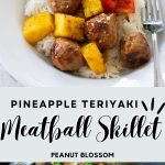 The pineapple teriyaki meatballs served over rice in a bowl on top, cooking in a skillet on the stovetop on bottom.