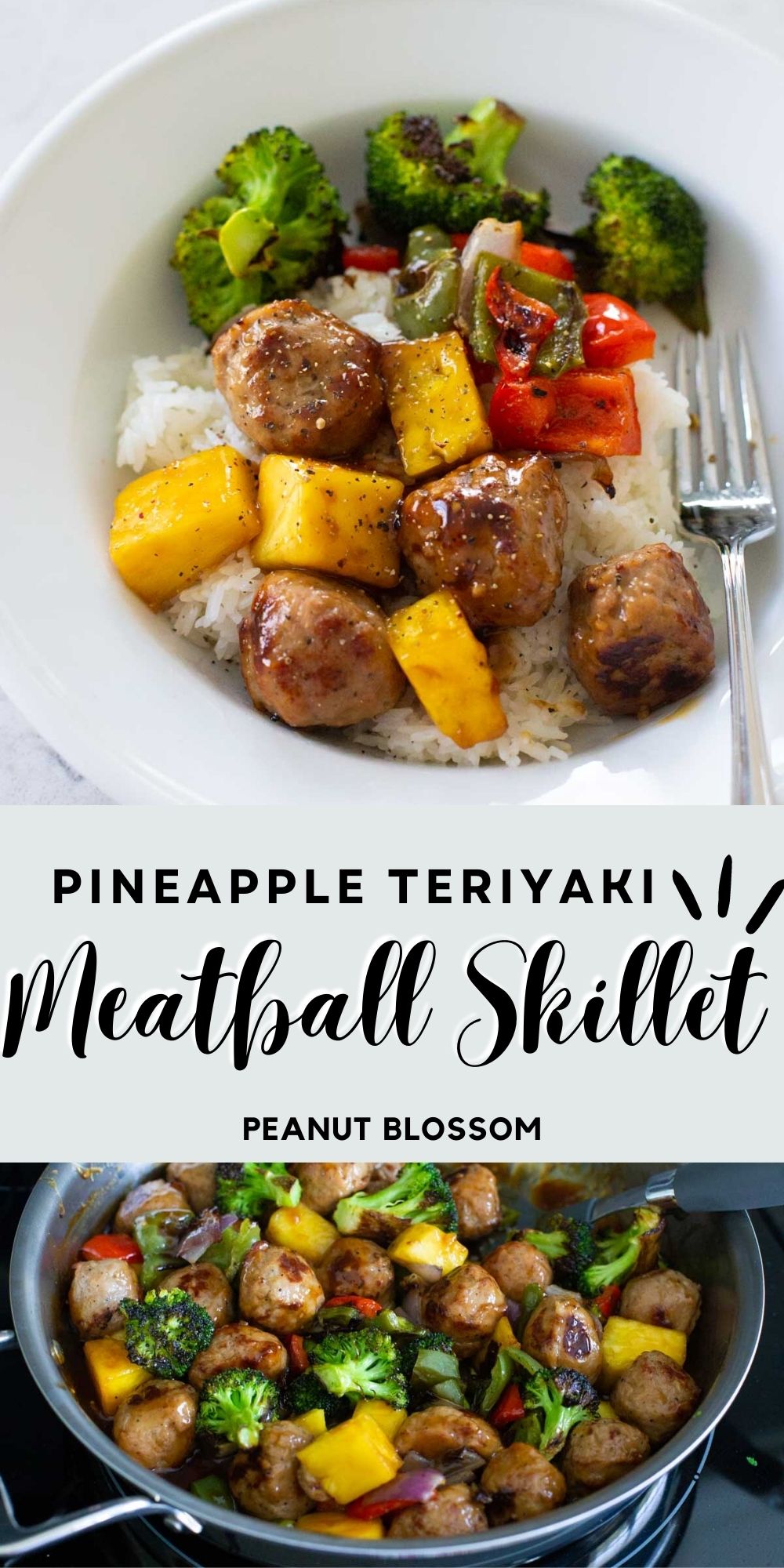 The pineapple teriyaki meatballs served over rice in a bowl on top, cooking in a skillet on the stovetop on bottom. 