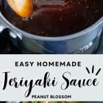 The teriyaki sauce in the saucepan on top, skillet meatballs on the bottom.