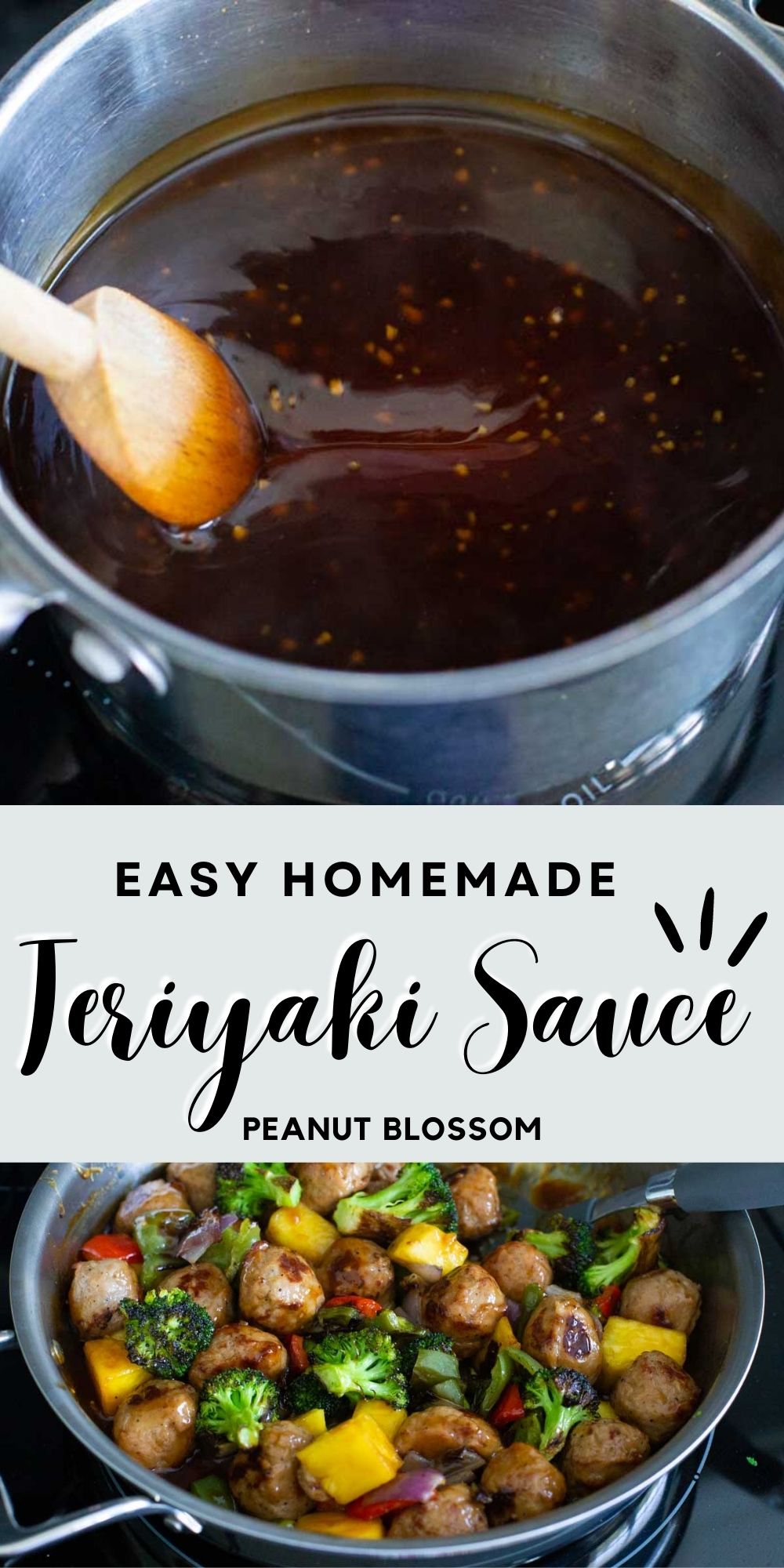 The teriyaki sauce in the saucepan on top, skillet meatballs on the bottom. 