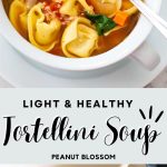 A bowl of tortellini soup on top, the soup being cooked in a pot on the bottom.