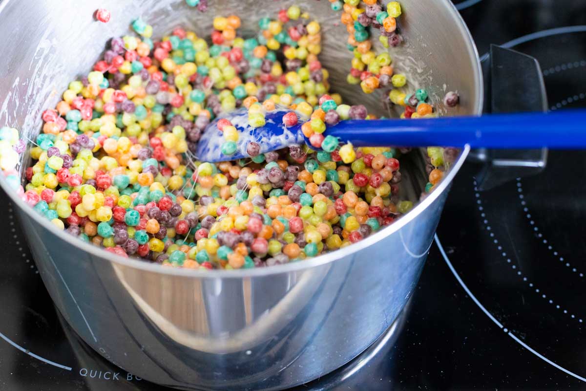 The Mini Trix cereal has been stirred into the pot.