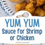A photo collage shows the yum yum sauce next to chicken nuggets on top and a mixing bowl of the sauce being whisked below.