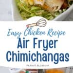 The crispy chimichanga is served on a bed of shredded lettuce. The second photo shows the ingredients needed to make it.