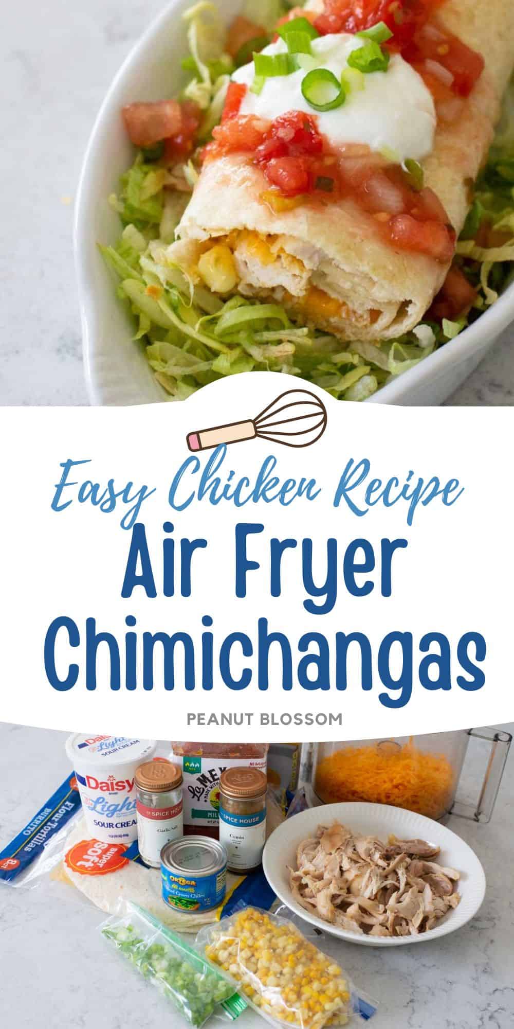 The crispy chimichanga is served on a bed of shredded lettuce. The second photo shows the ingredients needed to make it.
