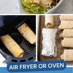 The chicken chimichanga is served on lettuce. Another photo shows it baking in the air fryer, another photo shows it wrapped in foil for the freezer.