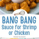 A platter of chicken nuggets has a cup of bang bang sauce. Bottom photo shows the bang bang sauce being whisked together.