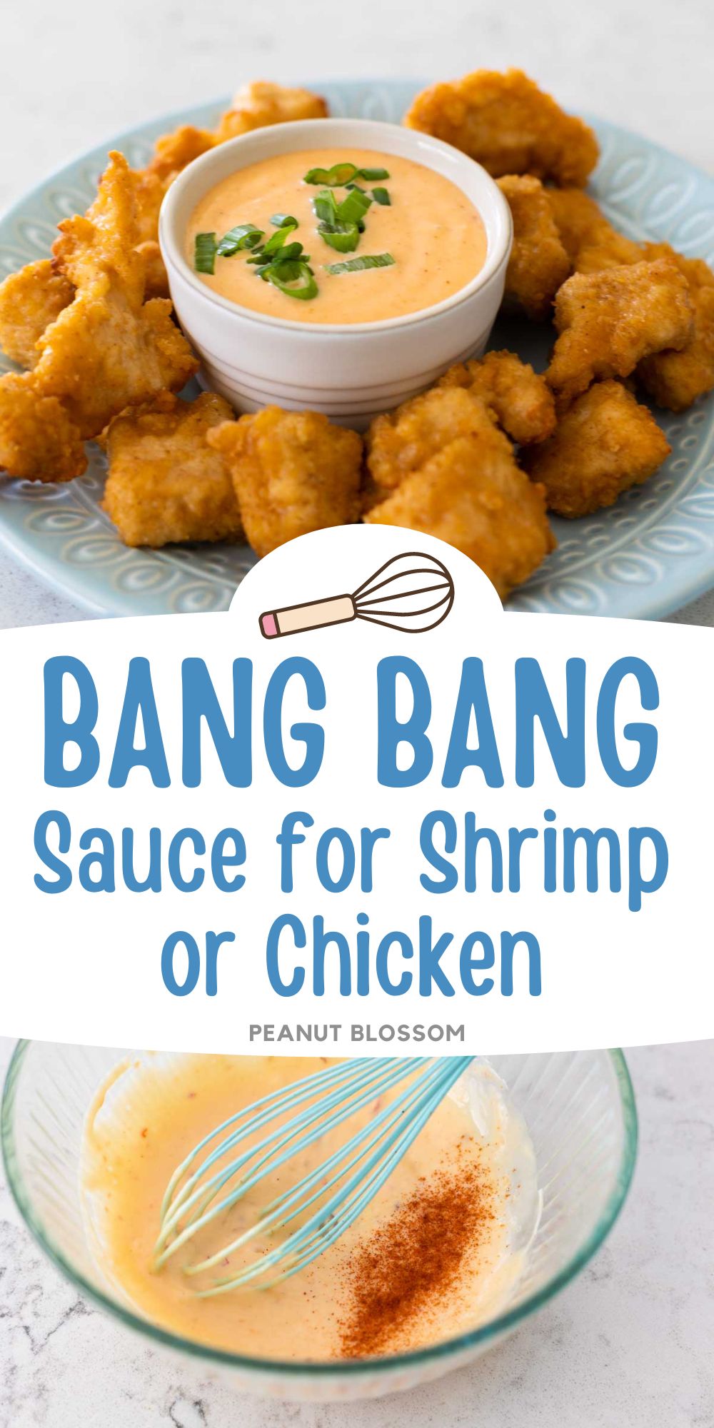 A platter of chicken nuggets has a cup of bang bang sauce. Bottom photo shows the bang bang sauce being whisked together.