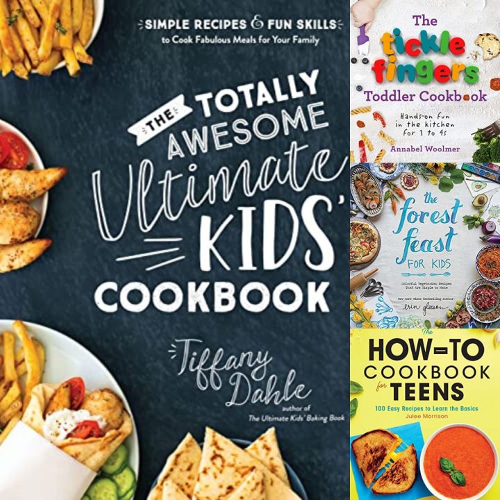 A photo collage shows 4 different covers of cookbooks for kids