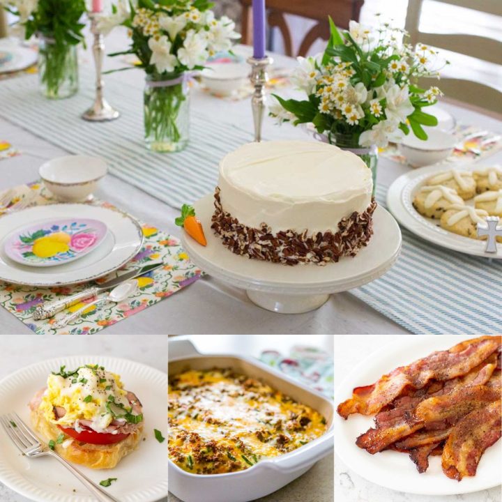 A family table is set with china and has fresh flowers and a two-layer carrot cake at the center. There are several photos of brunch recipes at the bottom.
