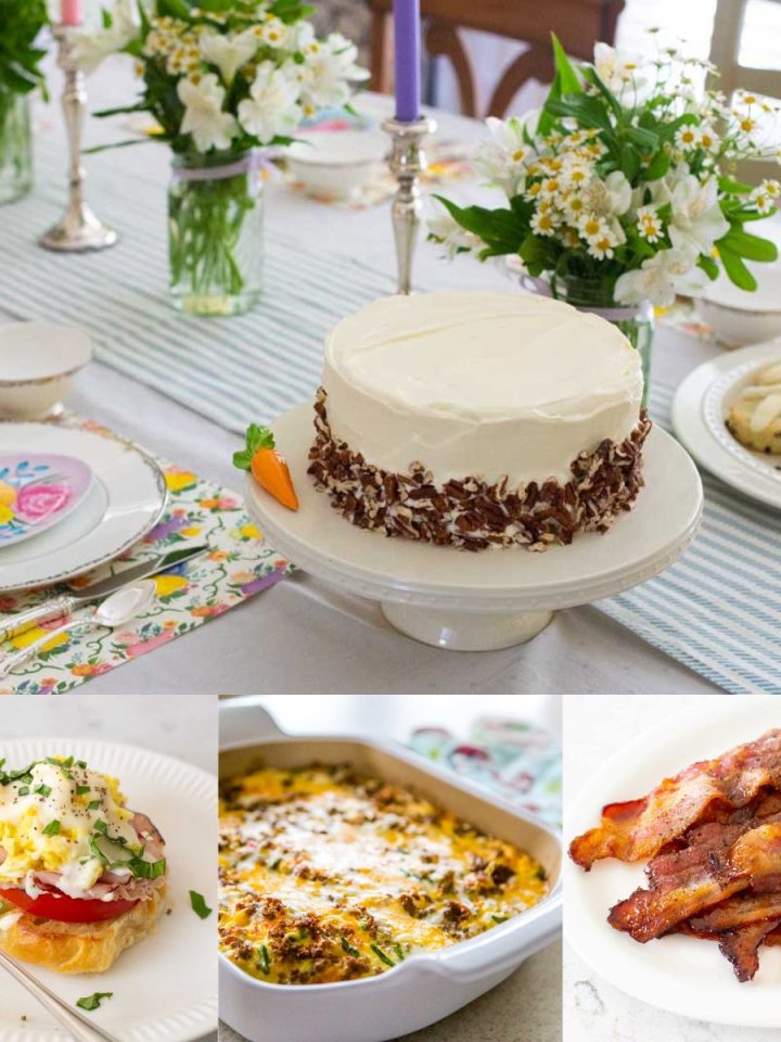 A family table is set with china and has fresh flowers and a two-layer carrot cake at the center. There are several photos of brunch recipes at the bottom.