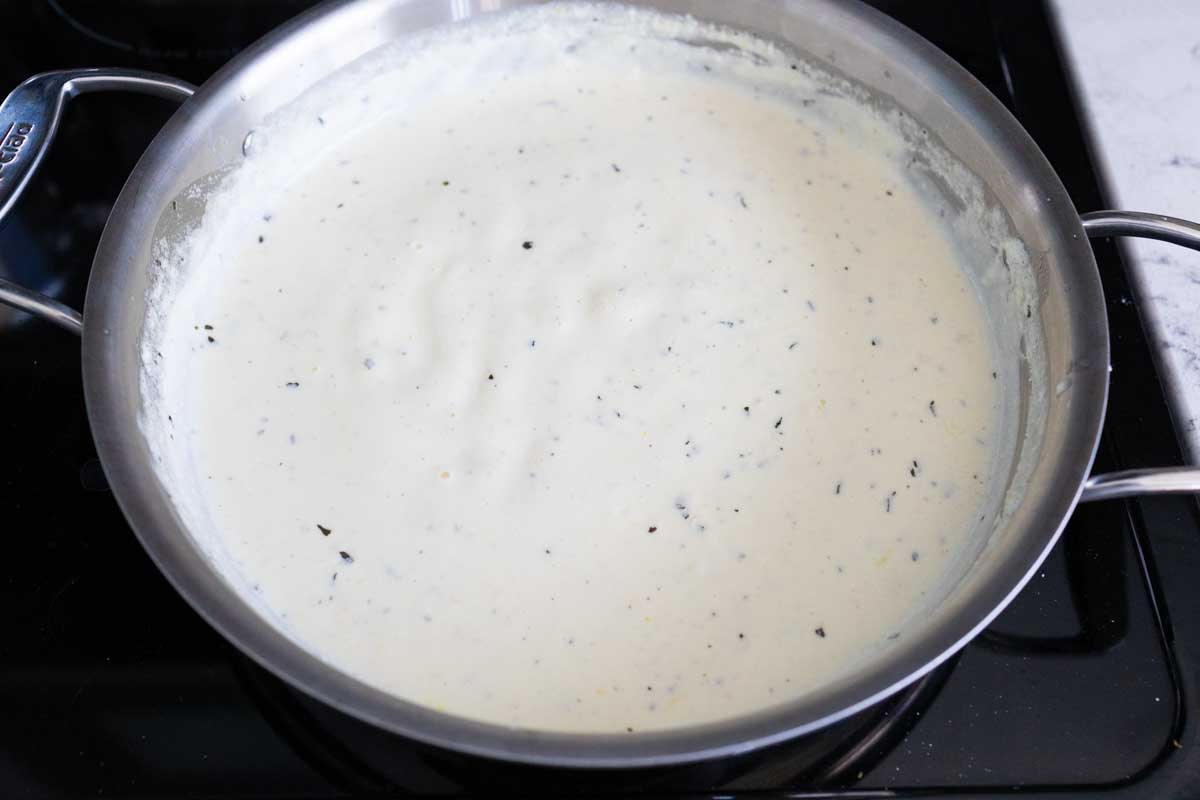 The goat cheese sauce is thick and creamy and smooth.