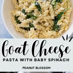 The bowl of pasta on top has baby spinach mixed in, the photo on bottom is the skillet with the goat cheese cream sauce being whisked.