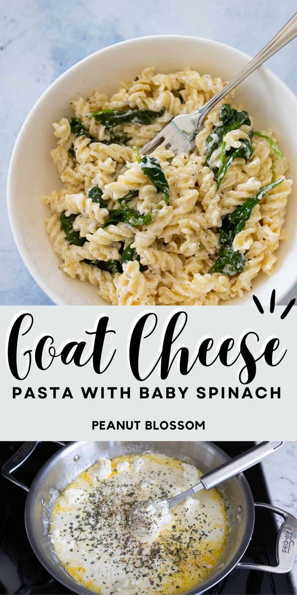 The bowl of pasta on top has baby spinach mixed in, the photo on bottom is the skillet with the goat cheese cream sauce being whisked.