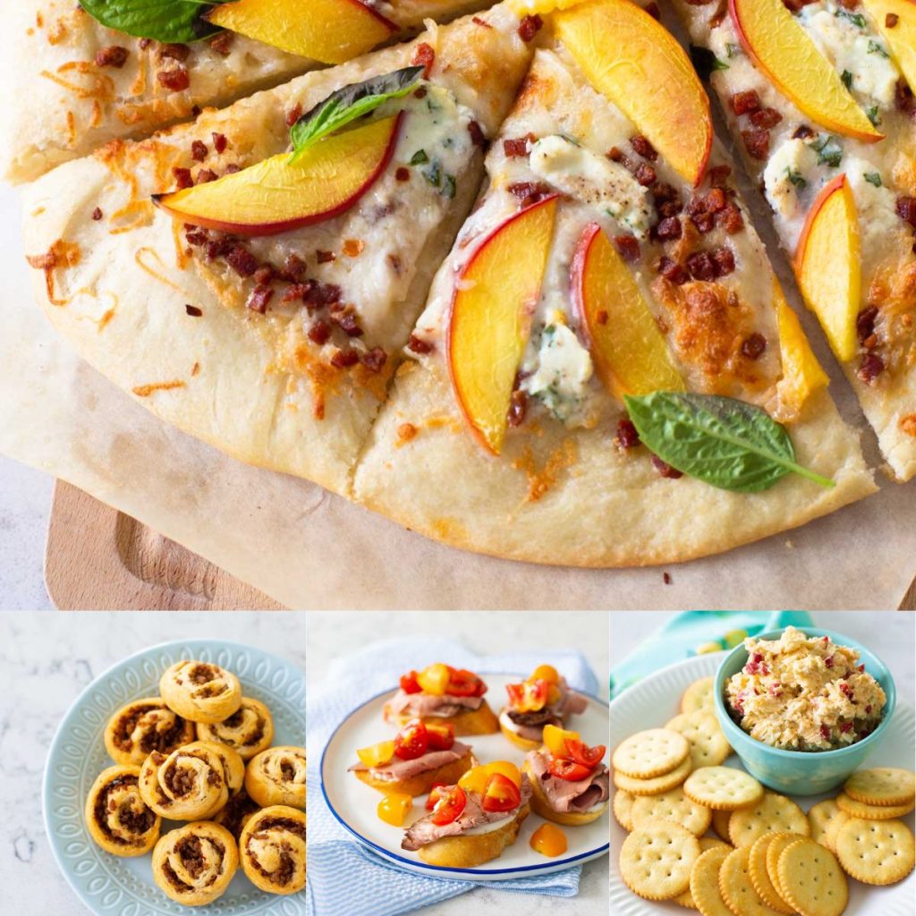 A photo collage shows a peach pizza on top, sausage swirls, beef crostini, and pimento cheese on bottom.