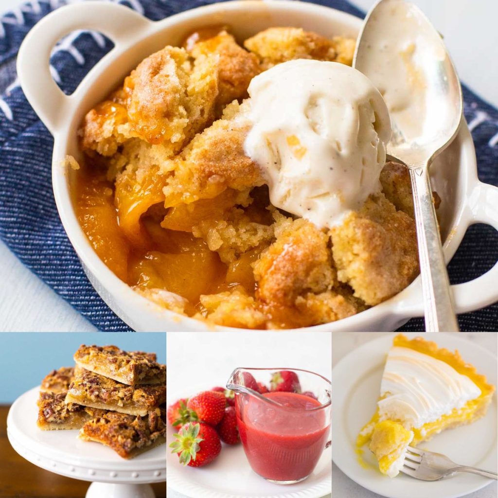 A photo collage shows peach cobbler, pecan pie bars, strawberry sauce, and lemon meringue pie.