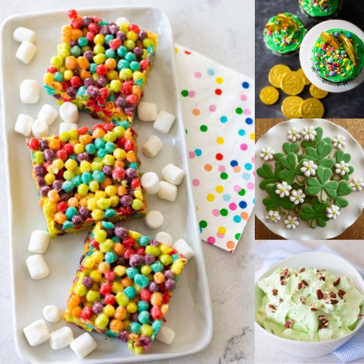 A photo collage shows several easy desserts to make for St. Patrick's Day with your kids.