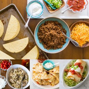 A photo collage shows a table set with ground beef taco fillings and tortilla shells on a pan next to alternative taco tuesday recipes ideas.