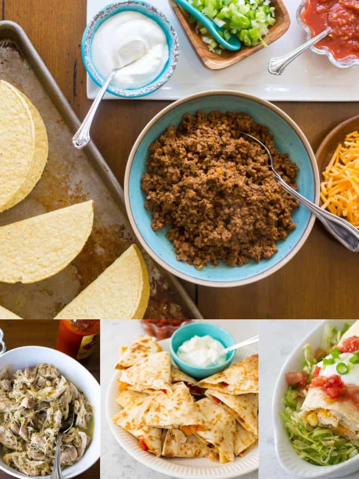A photo collage shows a table set with ground beef taco fillings and tortilla shells on a pan next to alternative taco tuesday recipes ideas.
