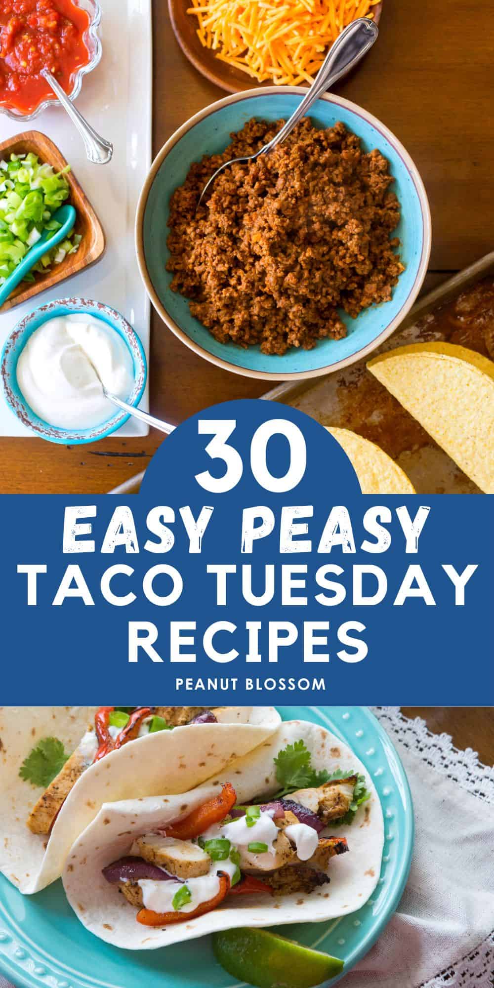 A photo collage shows ground beef tacos being assembled with toppings on top and a blue plate with chicken tacos on the bottom.