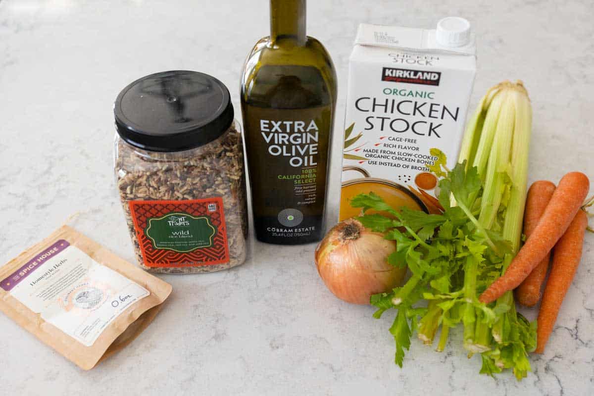 The ingredients to make the wild rice pilaf are on the counter.