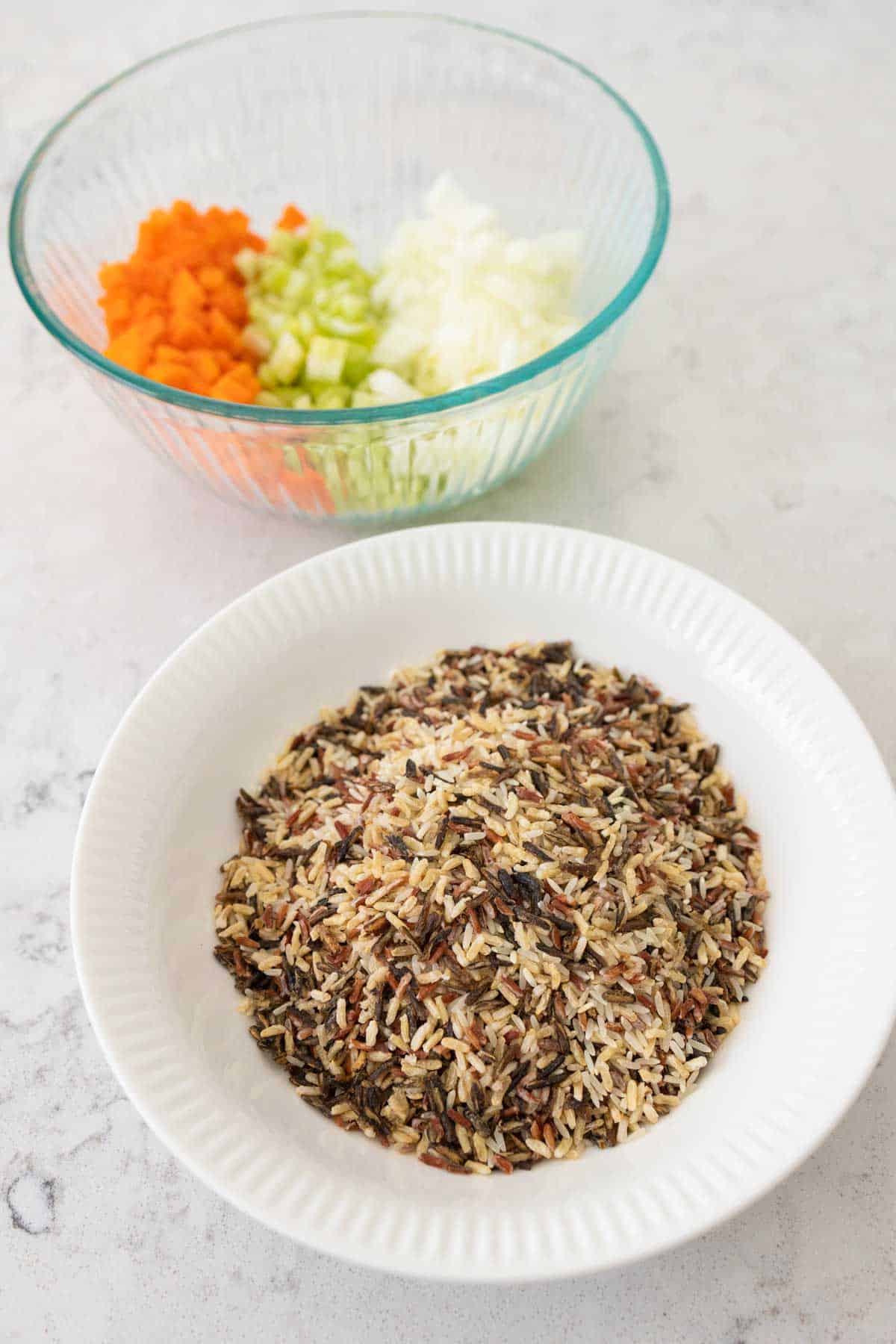 The ingredients have been prepped in mixing bowls.