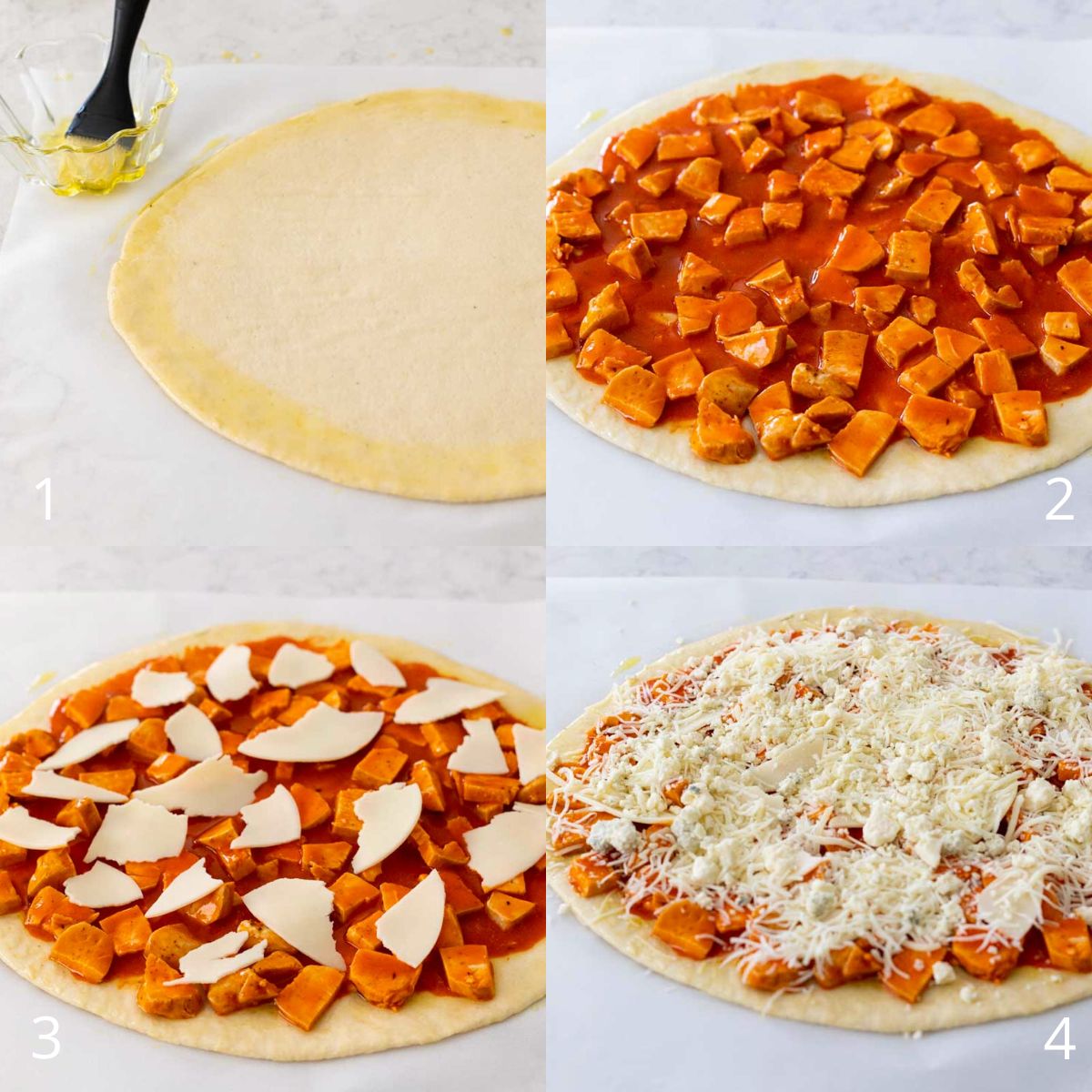 The step by step photos show how to add the toppings to the flatbread pizza.