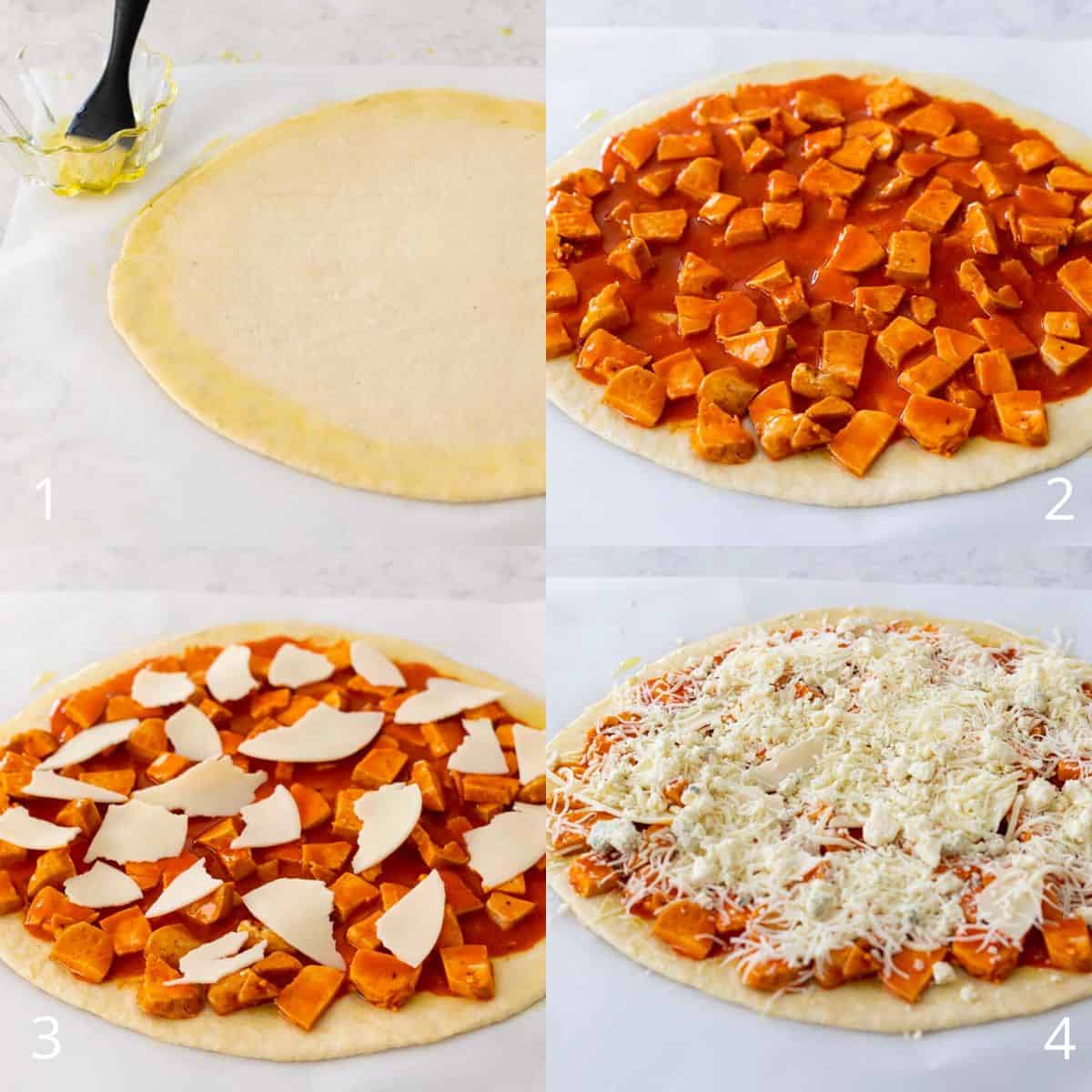 The step by step photos show how to add the toppings to the flatbread pizza.