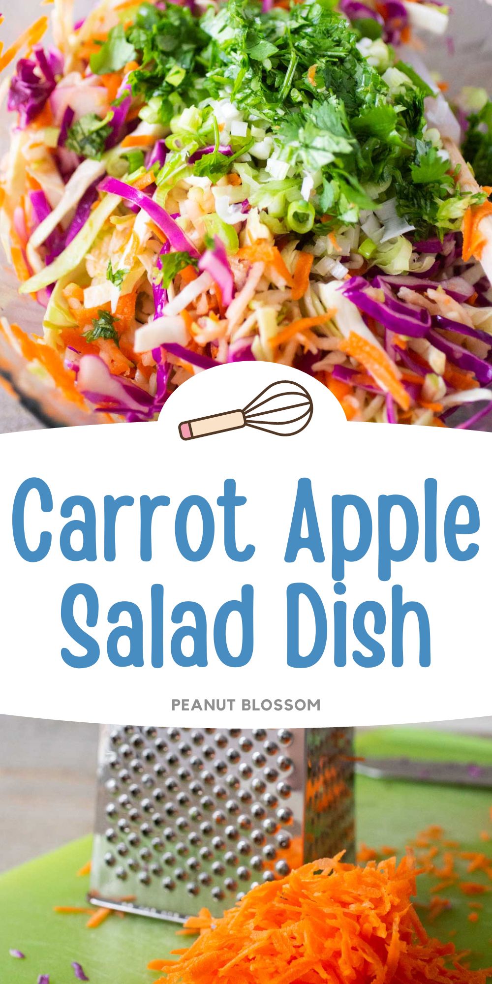 The photo collage shows the shredded carrot and apple salad on top and a carrot being grated by a box grater below.