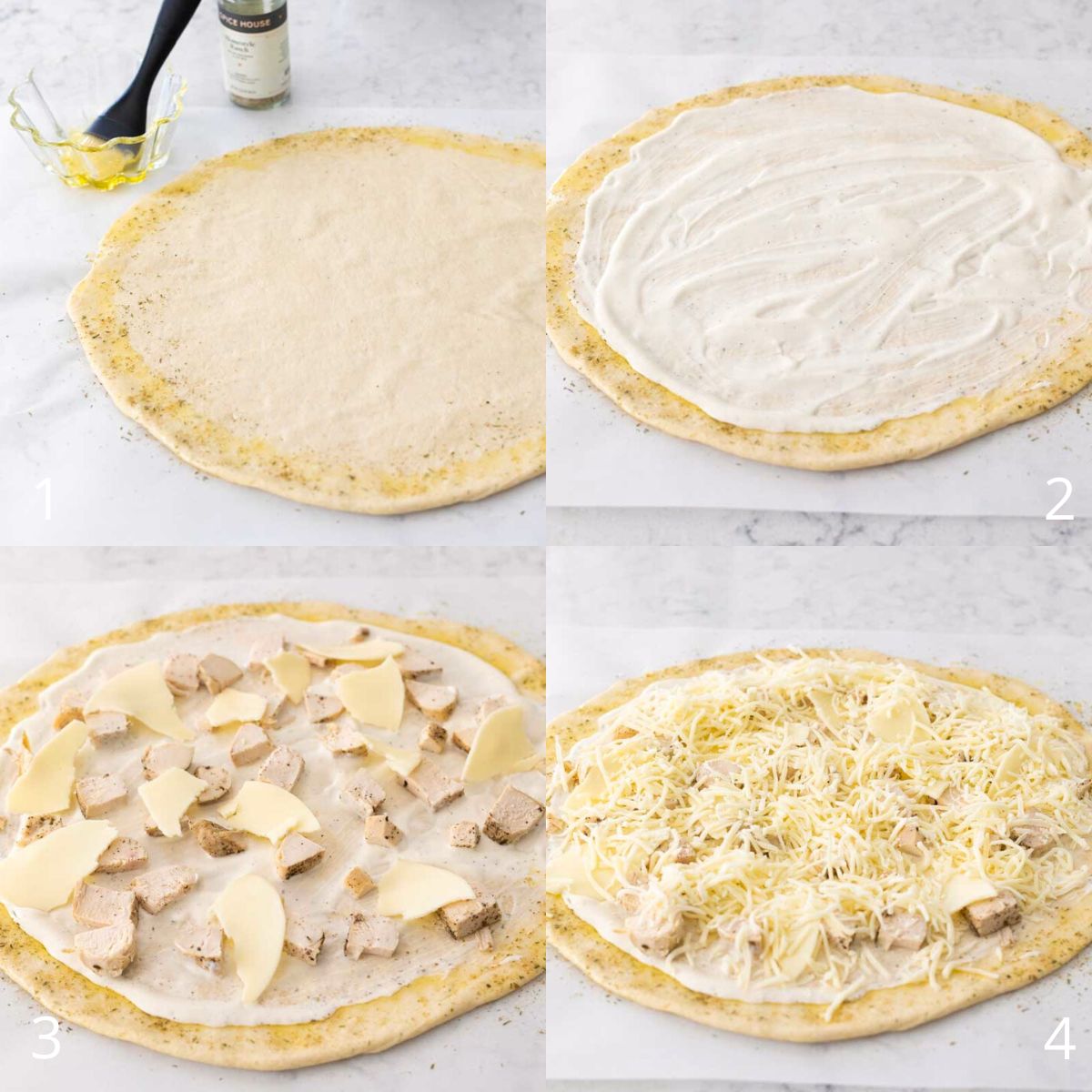 The step by step photos show how to top the pizza.