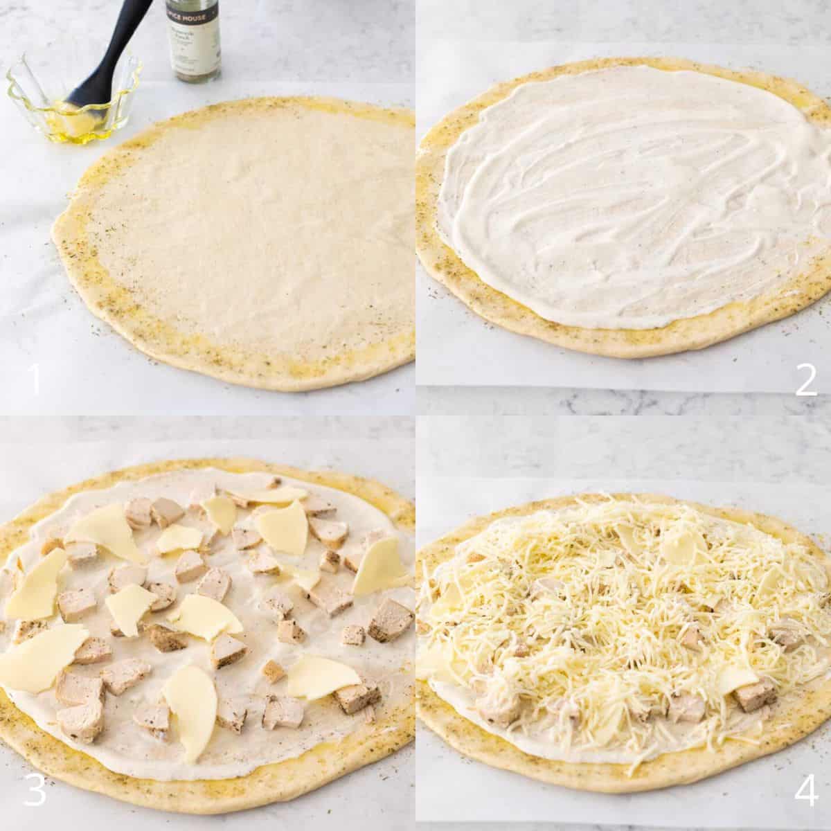 The step by step photos show how to top the pizza.