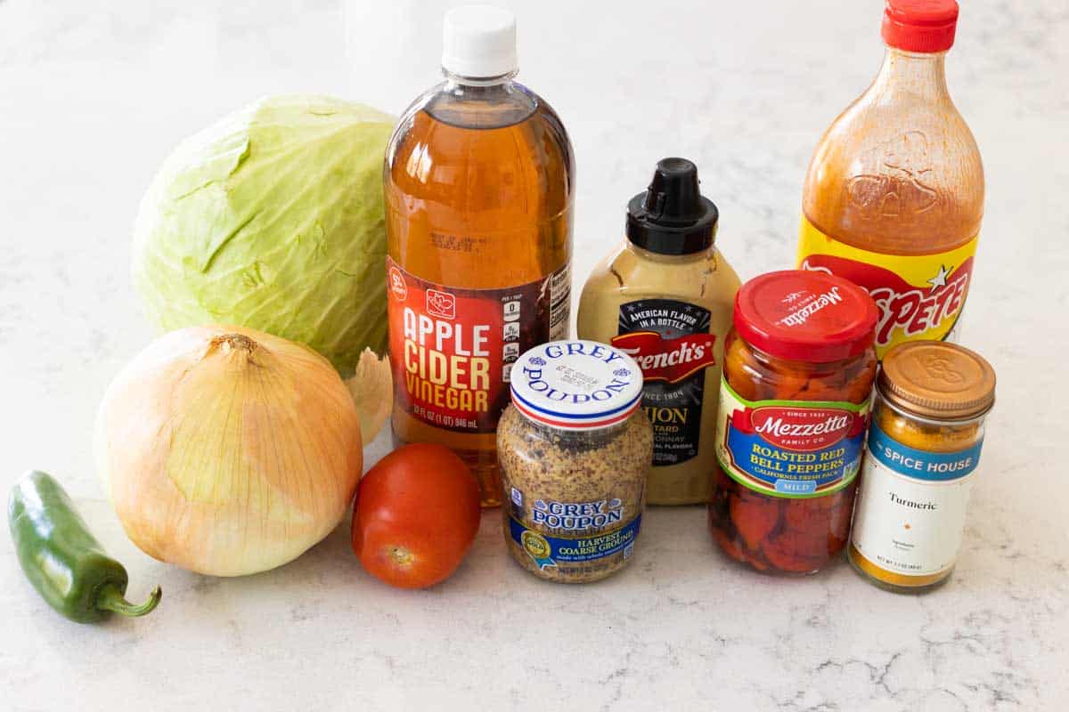 The items needed to make the homemade chow chow are on the counter.