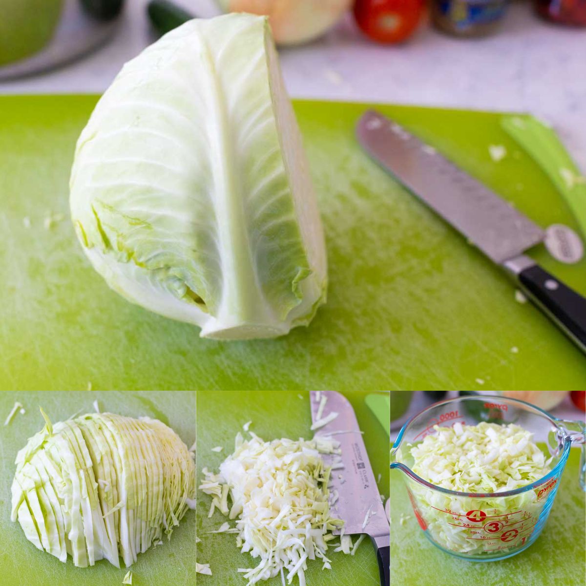 The step by step photos show how to shred a cabbage for chow chow relish.