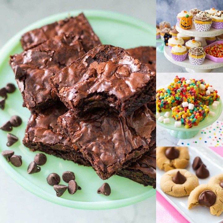 A photo collage shows a platter of brownies, cupcakes, krispie treat bars, and peanut blossom cookies.