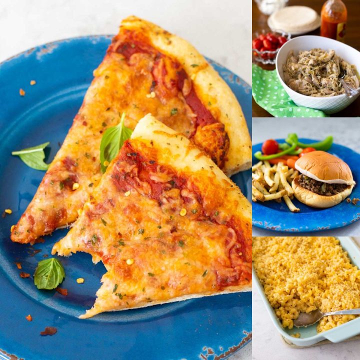 The photo collage shows a cheese pizza, chicken tacos, sloppy joes, and mac and cheese.