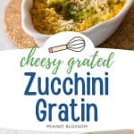 The photo collage shows two angles of the cheesy zucchini grain. One has a spoon lifting a melted bite.