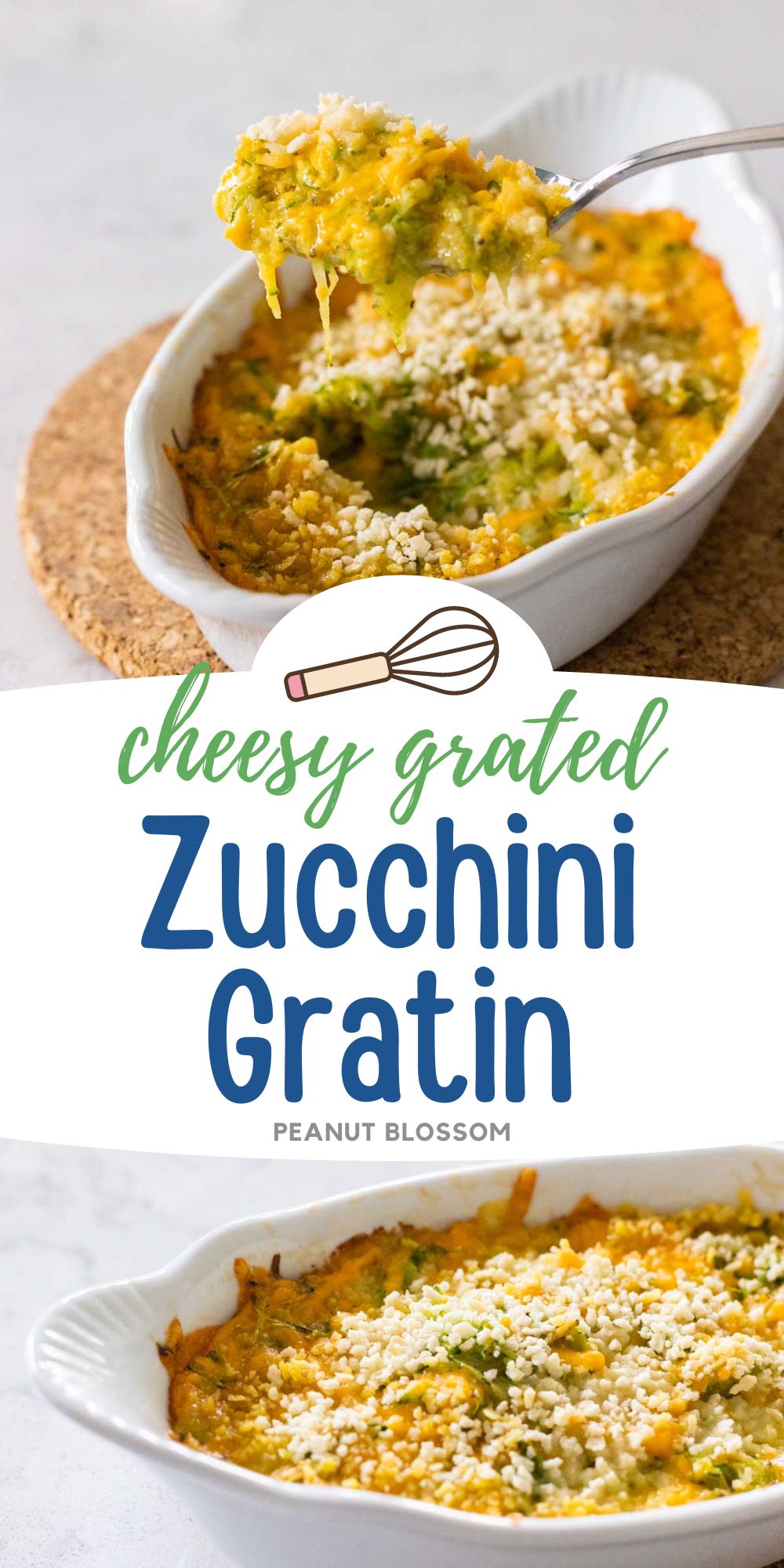 The photo collage shows two angles of the cheesy zucchini grain. One has a spoon lifting a melted bite.