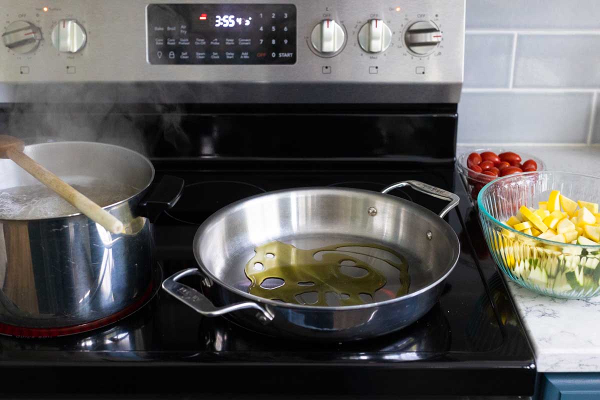 The photo shows how to set up the pots on the stovetop for easy assembly.