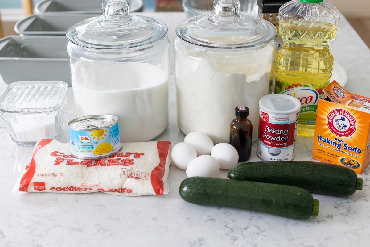 The ingredients to make this easy quick bread are on the counter.
