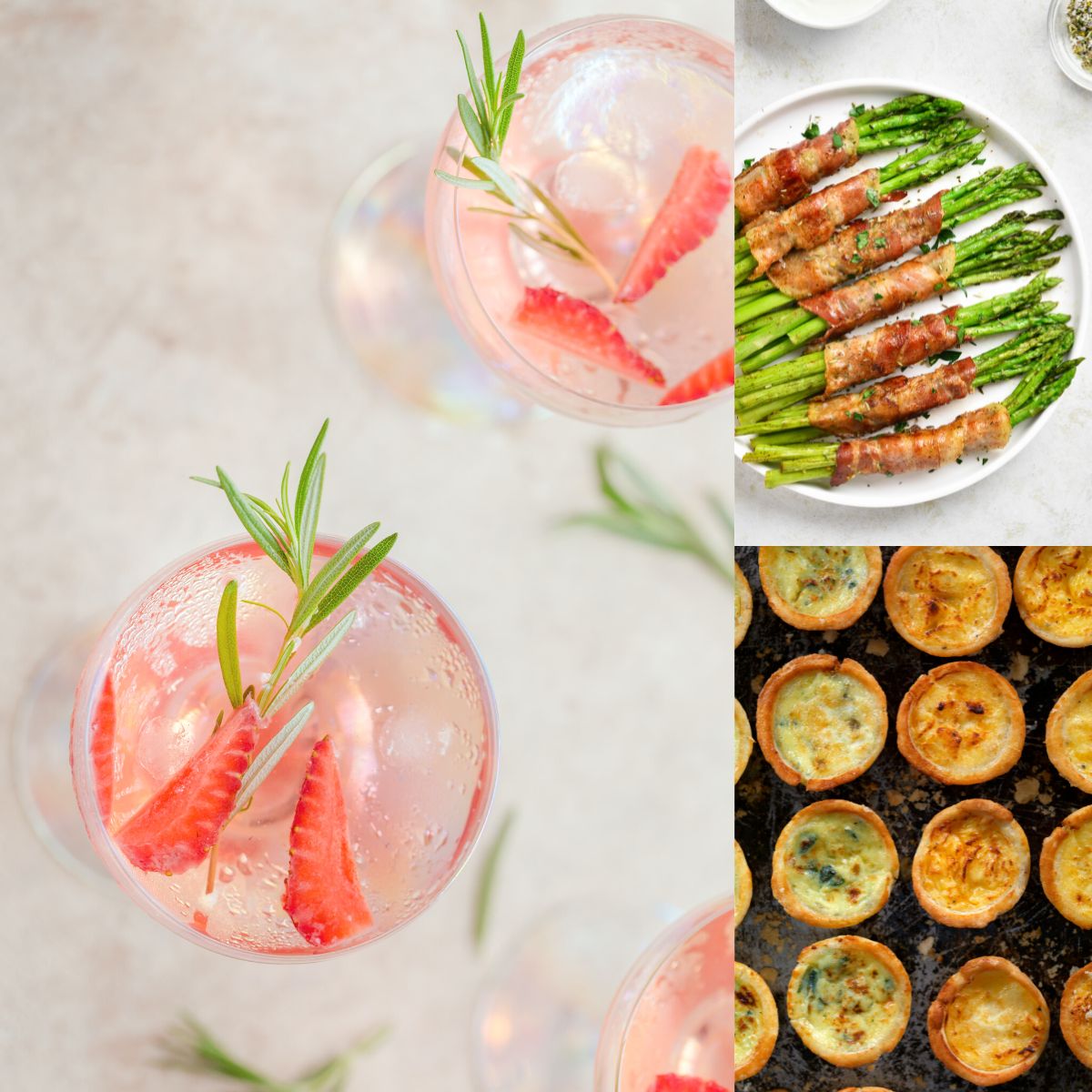 A strawberry mocktail next to bacon wrapped asparagus and mini quiche appetizers.