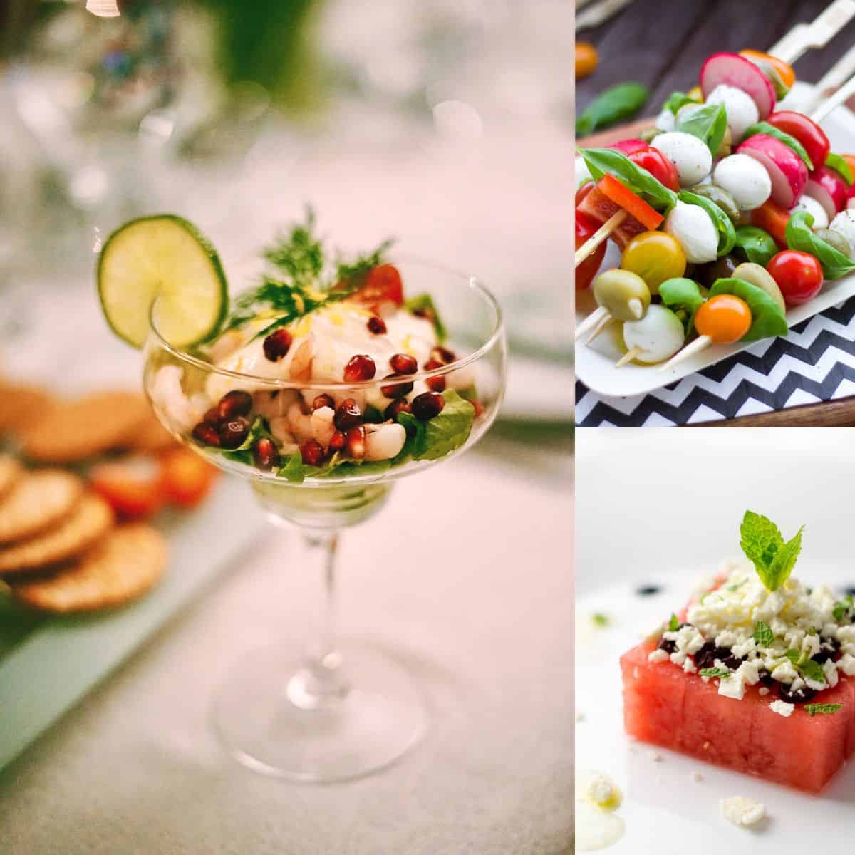 A salad starter in a cocktail glass next to veggie kabobs and a watermelon salad.