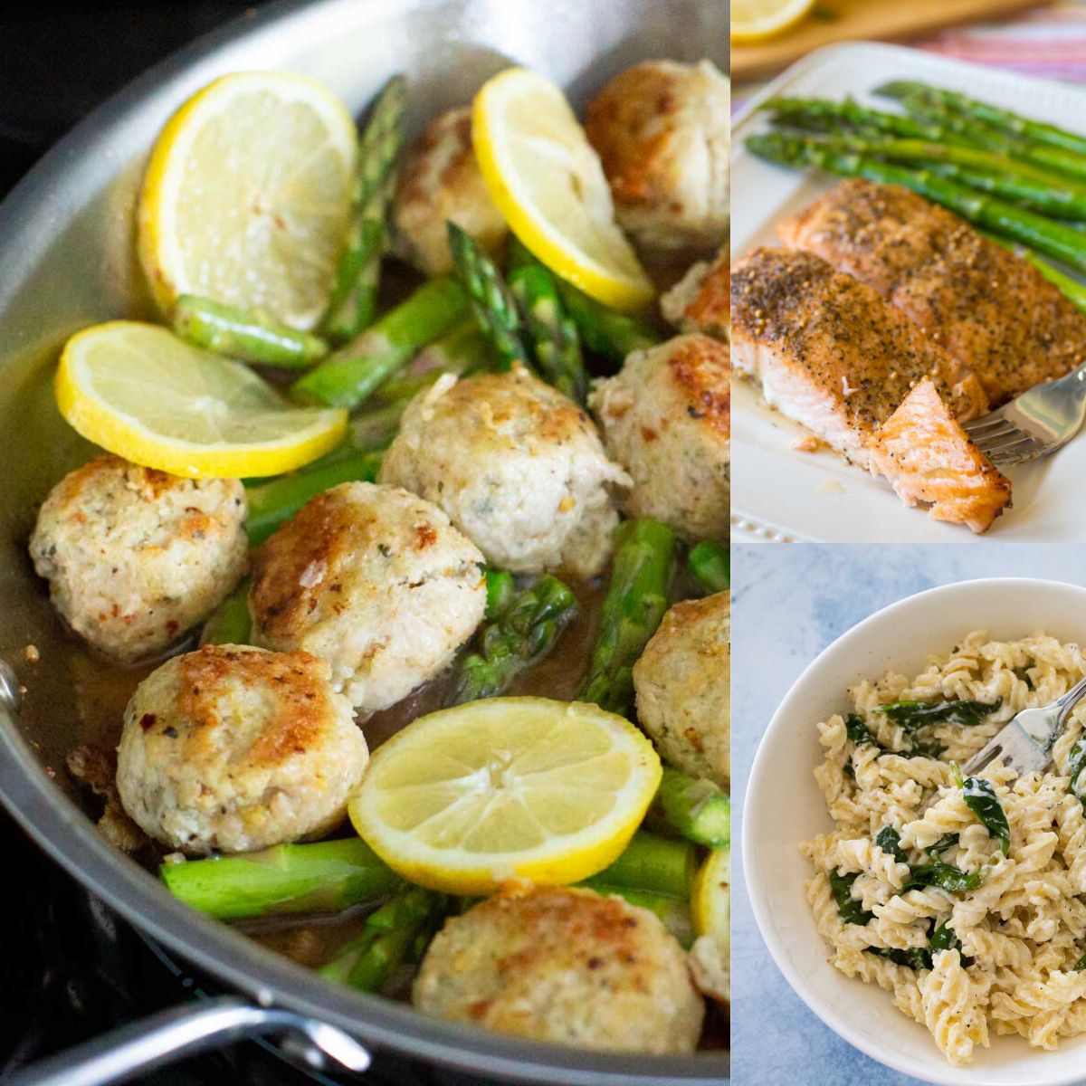 Several elegant dishes with lemon, asparagus, and pasta.