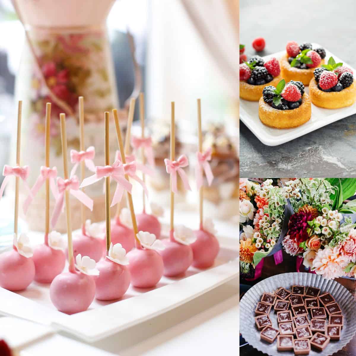 Bite-sized desserts on a dessert table.