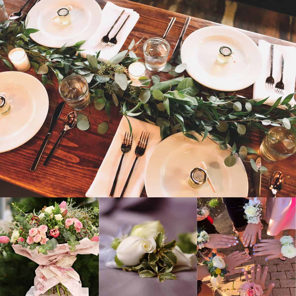 Several flower arrangements to be used for the dinner table.